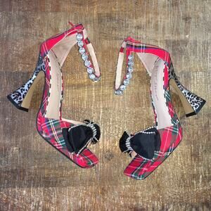 Betsey Johnson Guliana Heels Womens 9.5 Red Plaid Cheetah Bow Rhinestone Glam